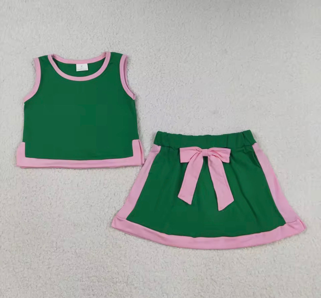 GIRLS • Preppy Pink & Green Skirt Set